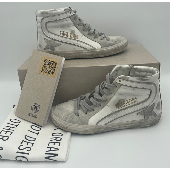 BRAND NEW GOLDEN GOOSE DELUXE SLIDE HIGH TOP LEATHER WHITE GRAY SNEAKERS - Picture 3 of 10
